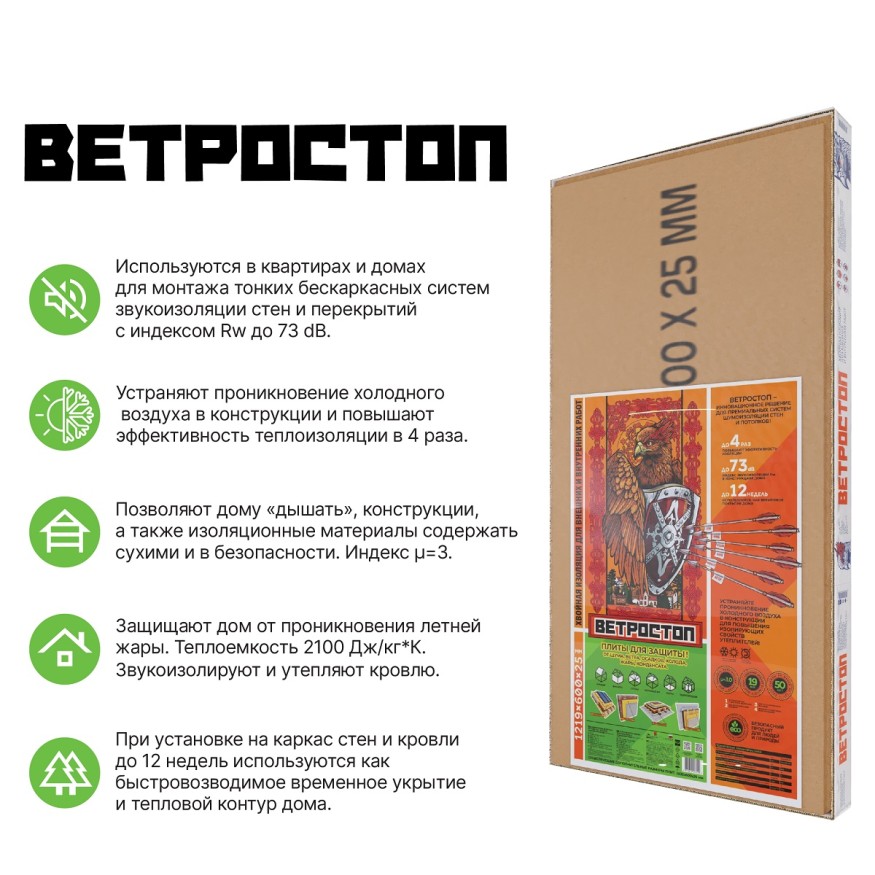Ветрозащитная шумоизолирующая панель ВЕТРОСТОП 1200х581х25 мм (2,09 м²) купить в Белгороде