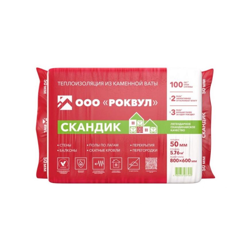 Утеплитель Роквул Скандик 50мм, 12 плит, 5.76м2, 600х800мм, 0.288м3 Rockwool купить в Белгороде