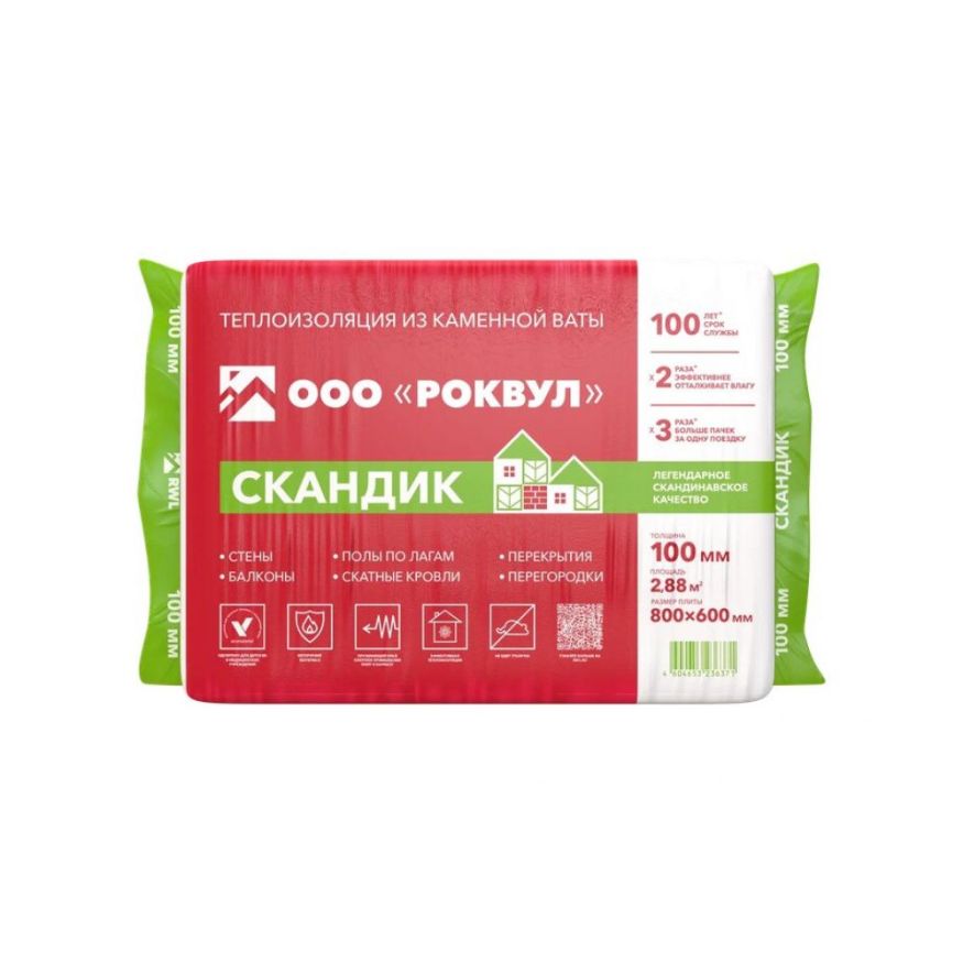 Утеплитель Роквул Скандик 100мм, 6 плит, 2.88м2, 600х800мм, 0.288м3 Rockwool купить в Белгороде