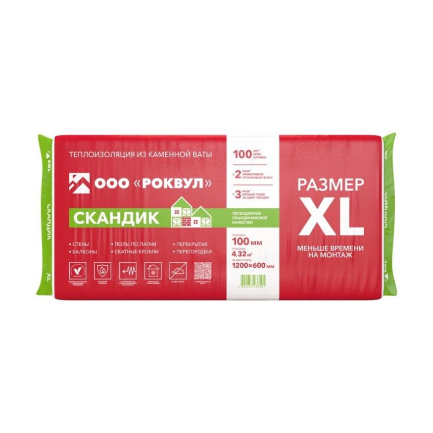 Утеплитель Роквул Скандик XL 100мм, 6 плит, 4.32м2, 600х1200мм, 0.432м3 Rockwool купить в Белгороде